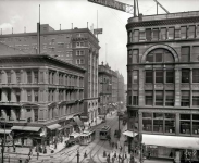 Circa  Vine Street at Fifth Cincinnati A buzzing hive of commerce featuring a department store hotel jeweler dancing academy and ice wagon